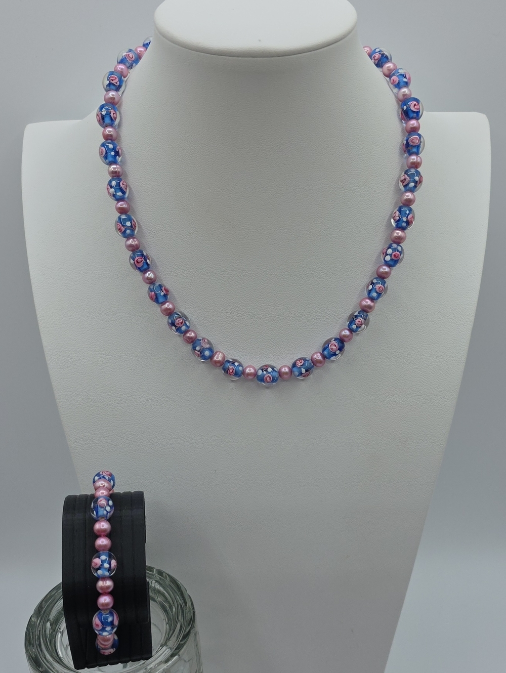 Floral Blue Pink And White Glass Beaded Necklace Bracelet Set